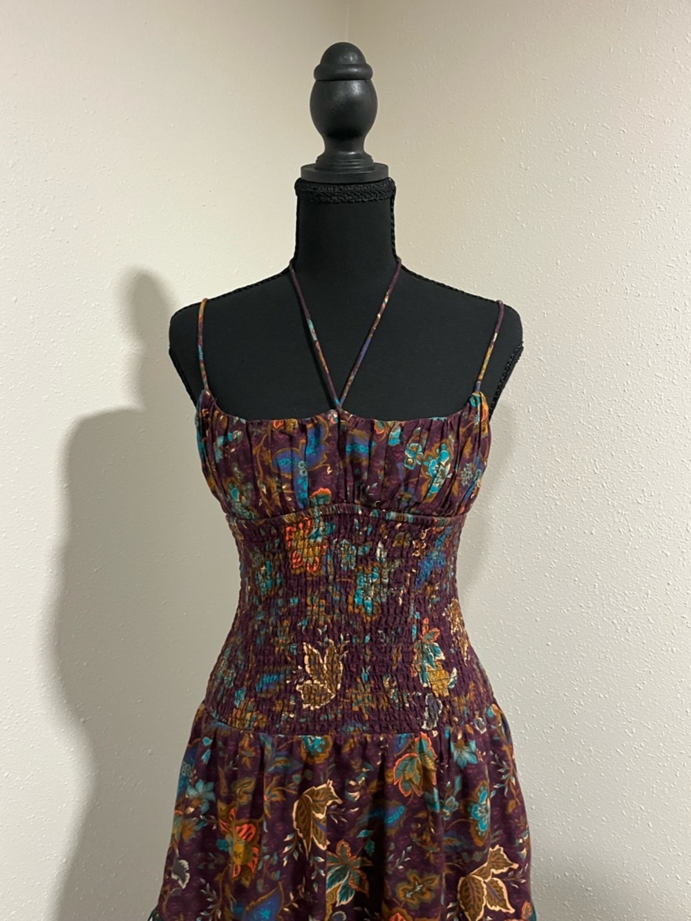 Anthropologie Floral Smocked Midi Dress in Green & Burgundy-Small - Picture 2 of 10